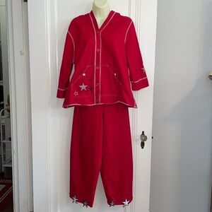 Vtg 90s Onque Casuals red, white & blue knit Capri‎ pant outfit/hoodie jacket